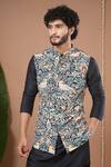 Shop_Ahi Clothing_Blue Crepe, Silk Navy Printed Nehru Jacket And Kurta Set 