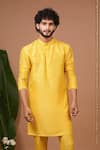 Ahi Clothing X AZA_Yellow Crepe, Silk Embroidery Printed Open Nehru Jacket And Kurta Set _Online_at_Aza_Fashions