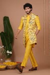 Ahi Clothing X AZA_Yellow Crepe, Silk Embroidery Printed Open Nehru Jacket And Kurta Set _at_Aza_Fashions