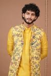 Shop_Ahi Clothing X AZA_Yellow Crepe, Silk Embroidery Printed Open Nehru Jacket And Kurta Set 