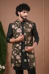 Ahi Clothing_Olive Green Organza, Silk Embroidery, Mirrors Sheer Nehru Jacket And Kurta Set _at_Aza_Fashions