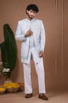Buy_Ahi Clothing X AZA_Sky Blue Silk Mirrors, Embroidery Open Jacket And Jodhpuri Set _at_Aza_Fashions