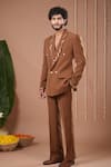 Buy_Ahi Clothing X AZA_Brown Embroidery, Beads Mustard Coat And Pant Set _Online_at_Aza_Fashions