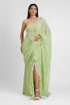 Buy_Maison 9002_Green Georgette Embroidery Bandeau Grace Pre-draped Saree With Cutwork Blouse _at_Aza_Fashions