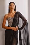 Maison 9002_Black Georgette Embroidery Grace Pre-draped Saree With Amoeba Flower Blouse _Online_at_Aza_Fashions