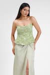 Maison 9002_Green Satin Embroidery Bandeau Neck Layla Grass Corset Skirt Set _Online_at_Aza_Fashions
