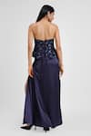 Shop_Maison 9002_Navy Satin Embroidery Bandeau Neck Layla Grass Peplum Corset Skirt Set _at_Aza_Fashions