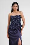 Maison 9002_Navy Satin Embroidery Bandeau Neck Layla Grass Peplum Corset Skirt Set _Online_at_Aza_Fashions