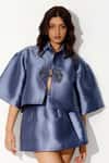 Maison 9002_Blue Satin Embroidery Collared Lewis Tie-up Bow Top And Skirt Set _Online_at_Aza_Fashions