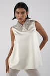 Buy_Maison 9002_White Satin Crystals, Embroidery Collared Bri Hand Work Top _at_Aza_Fashions
