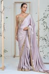 Buy_Ellemora Fashions_Purple Satin Mirrors, Embroidery Scoop Neck Lilac Lustre Saree With Blouse _at_Aza_Fashions