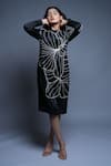 Ellemora Fashions_Black Satin Embroidery Round Neck Abstract Dress _at_Aza_Fashions