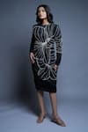 Buy_Ellemora Fashions_Black Satin Embroidery Round Neck Abstract Dress _at_Aza_Fashions