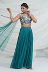 Buy_Ellemora Fashions_Teal Georgette Embroidery Halter Neck Blouse And Palazzo Set _at_Aza_Fashions