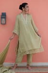 Buy_Banera_Green Chanderi Embroidery Split V-neck Kurta Pant Dupatta Set _at_Aza_Fashions