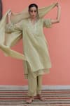 Shop_Banera_Green Chanderi Embroidery Split V-neck Kurta Pant Dupatta Set _Online_at_Aza_Fashions