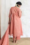 Shop_Banera_Peach Chanderi Embroidery, Zari V-neck Striper Kurta Set _at_Aza_Fashions