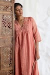 Shop_Banera_Peach Chanderi Embroidery, Zari V-neck Striper Kurta Set _Online_at_Aza_Fashions