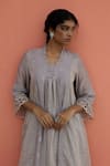 Banera_Gray Chanderi Embroidery, Lace, Zari V-neck Striper Kurta Set _Online_at_Aza_Fashions