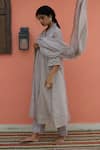 Buy_Banera_Gray Chanderi Embroidery, Lace, Zari V-neck Striper Kurta Set _Online_at_Aza_Fashions