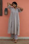 Buy_Banera_Gray Chanderi Embroidery, Lace, Zari V-neck Striper Kurta Set _at_Aza_Fashions