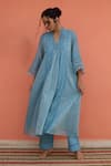 Buy_Banera_Blue Chanderi Embroidery, Zari, Lace Split V-neck Striper Kurta Set _at_Aza_Fashions