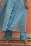 Banera_Blue Chanderi Embroidery, Zari, Lace Split V-neck Striper Kurta Set _at_Aza_Fashions