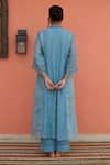 Shop_Banera_Blue Chanderi Embroidery, Zari, Lace Split V-neck Striper Kurta Set _at_Aza_Fashions