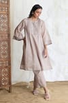 Shop_Banera_Gray Chanderi Embroidery Round Neck Zari Striper Kurta Set With Dupatta _Online_at_Aza_Fashions