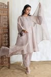 Banera_Gray Chanderi Embroidery Round Neck Zari Striper Kurta Set With Dupatta _at_Aza_Fashions