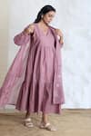 Banera_Purple Chanderi Embroidery V-neck Tiered Dress And Jacket _at_Aza_Fashions