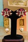 Shop_Hetal Shah_Gold Plated Stones, Pearls, Beads Ruby Leaf Stud Drop Earrings _at_Aza_Fashions