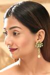 Shop_Hetal Shah_Gold Plated Pearls, Stones Emerald Leaf Drop Earrings _at_Aza_Fashions