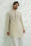 Runit Gupta_Beige Chanderi , Vegan Embroidery Abstract Geometry Kurta And Pant Set _Online_at_Aza_Fashions