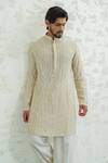 Buy_Runit Gupta_Beige Chanderi , Vegan Embroidery Abstract Geometry Kurta And Pant Set _Online_at_Aza_Fashions