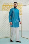 Shop_Runit Gupta_Blue Chanderi , Vegan Embroidery Mosaic Flower Kurta And Pant Set _Online_at_Aza_Fashions