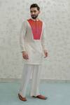 Buy_Runit Gupta_Multi Color Chanderi , Vegan Pearls Pink Orange Ombre Patch Kurta Set _Online_at_Aza_Fashions