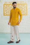 Runit Gupta Yellow Chanderi , Vegan Embroidery, Marigold Latkan Kurta With Pant Online at Aza Fashions Runit Gupta_Yellow Chanderi , Vegan Embroidery, Marigold Latkan Kurta With Pant _Online_at_Aza_Fashions