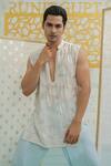 Shop_Runit Gupta_Ivory Chanderi , Vegan Embroidery Amoeba Pattern Sleeveless Kurta Set _Online_at_Aza_Fashions