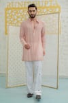 Buy_Runit Gupta_Peach Chanderi , Vegan Embroidery Pleated Kurta With Pant _at_Aza_Fashions