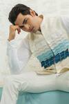 Runit Gupta_Off White Chanderi Silk Embroidery Blue Ombre Flap Bundi _at_Aza_Fashions