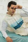 Shop_Runit Gupta_Ivory Chanderi Silk, Linen, Cotton Embroidery Blue Ombre Flap Bundi Kurta Set 