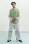 Buy_Runit Gupta_Green Chanderi , Vegan Embroidery Geomtry Seafoam Bundi Kurta Set _at_Aza_Fashions