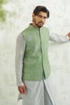 Runit Gupta_Green Chanderi , Vegan Embroidery Geomtry Seafoam Bundi Kurta Set _Online