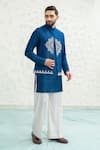 Runit Gupta_Cobalt Chanderi , Vegan Embroidery Diamond Bundi Kurta Set _at_Aza_Fashions