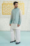 Runit Gupta_Aqua Chanderi Silk Embroidery Contour Blue Zipper Bundi _Online_at_Aza_Fashions