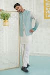 Shop_Runit Gupta_Aqua Chanderi Silk Embroidery Contour Blue Zipper Bundi 