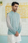 Runit Gupta_Aqua Chanderi Silk Embroidery Contour Blue Zipper Bundi _Online
