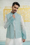 Buy_Runit Gupta_Aqua Chanderi Silk Embroidery Contour Blue Zipper Bundi _Online