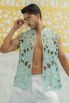 Runit Gupta_Aqua Chanderi Silk Embroidery, Beads Blue Cutwork Floral Bundi _at_Aza_Fashions